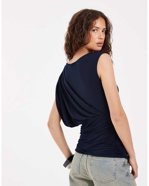 Object Blue Draped Shoulder Top With Ruched Detailing