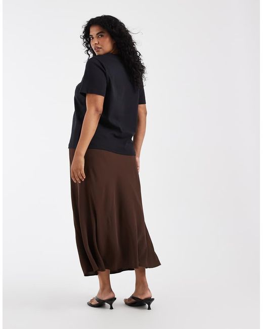 Pieces Plus Brown Pieces Curve Matte Satin Midi Skirt