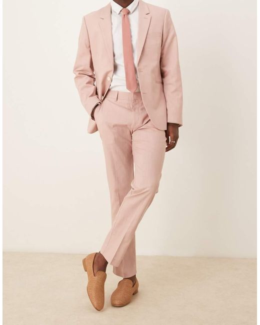 ASOS Pink Linen Look Slim Suit Trousers With Front Pleat for men