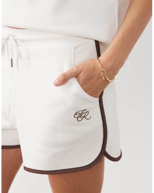 4th & Reckless White Cotton Contrast Trim Logo Embroidered Sweat Shorts