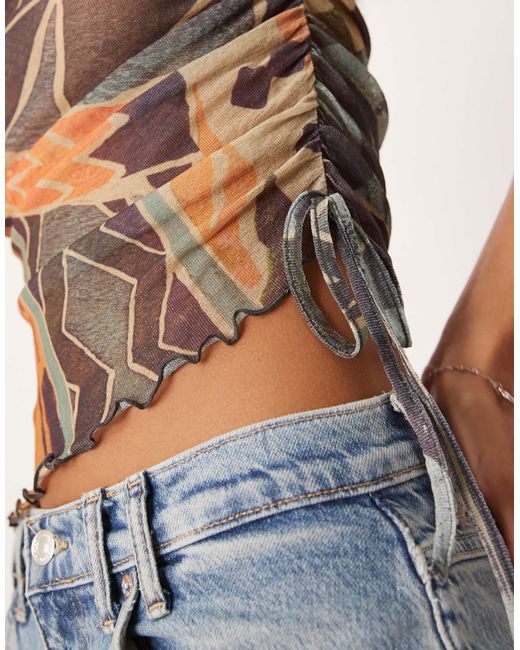 ASOS Blue Gauzy Mesh Drawstring Festival Top With Batik Print