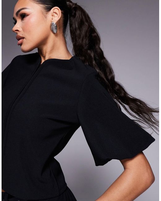 ASOS Black Ribbed Puff Sleeve Structured Hook And Eye Top