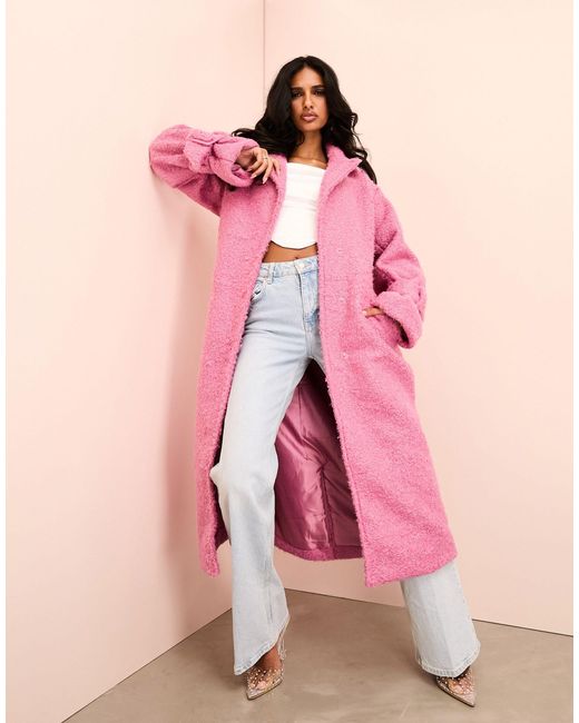 ASOS Pink Borg Long Line Trench Coat With Belted Waist