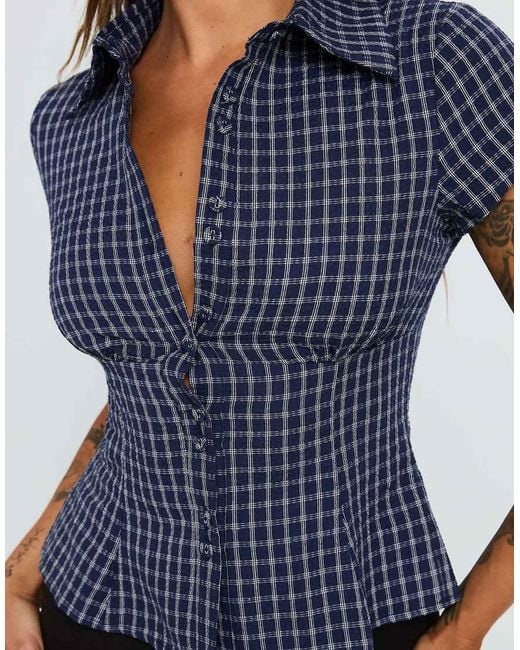 Princess Polly Blue Cottesloe Cotton Rich Pleat Waist Detail Fitted Short Sleeve Shirt