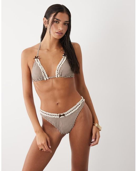 The Frolic Brown Exclusive Lace Trim Bow Front High Leg Bikini Bottoms Co-Ord