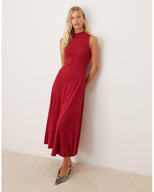 Mango Red High Neck Compated Knit Midi Dress With Pleat Hem