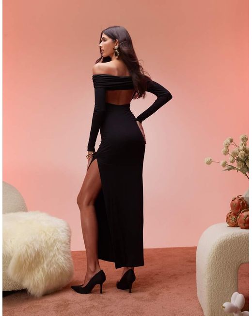 Oh Polly Pink Honora Modal Off Shoulder Open-Back Maxi Dress