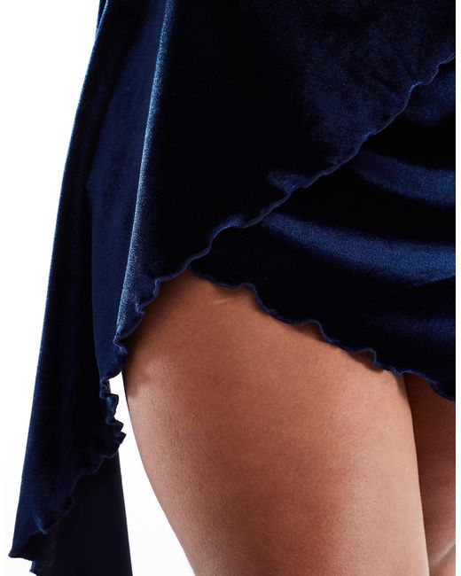 ASOS Blue Asos Design Curve Velvet Twisted Off Shoulder Mini Dress With Asymmetric Hem