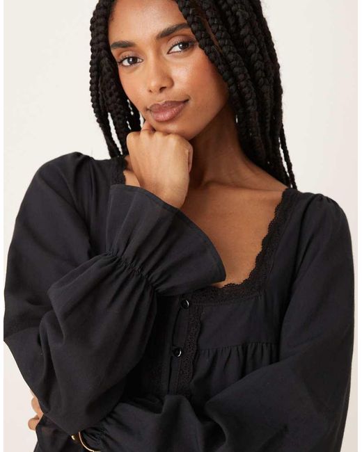 ASOS Black Cotton Lace Trim Long Sleeve Babydoll Mini Dress