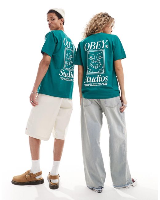 T-shirt unisex pesante con stampa "studios" di Obey in Blue