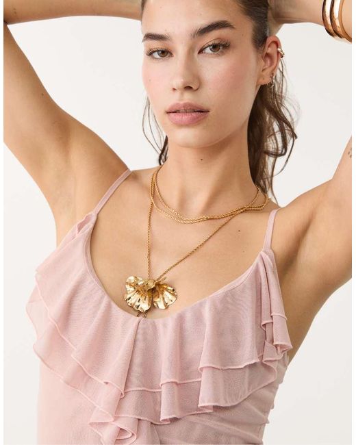 Stradivarius Pink Ruffled Tulle Top