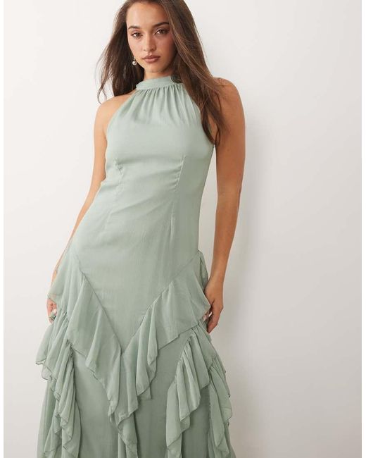 Vila Green High Neck Tie Back Boho Maxi Dress