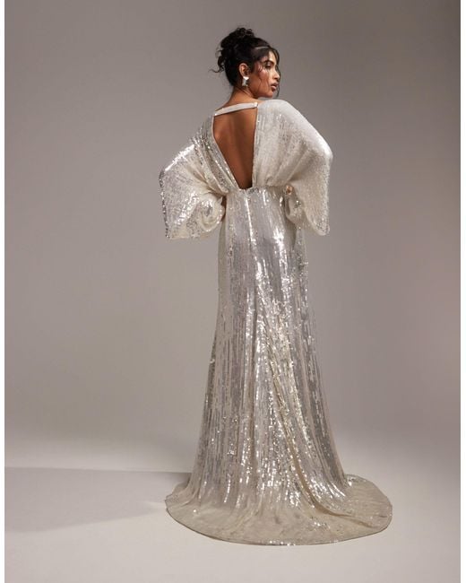 ASOS Gray Harriet Sequin Plunge Kimono Sleeve Wedding Dress