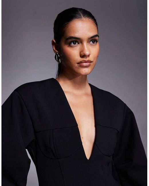 ASOS Blue Structured Dome Sleeves Plunge Mini Dress With Cup Seam Detailing