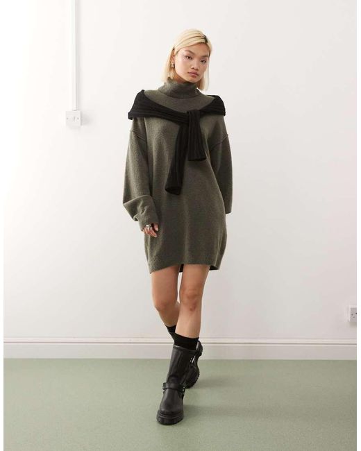 Weekday Green Turtle Neck Knitted Mini Jumper Dress