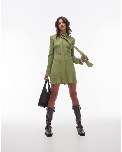 Mango Green Capsule Neck Tie Mini Dress With Sleeve Detail