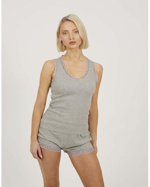 Brave Soul Gray Lace Trim Vest And Short Pyjama Set