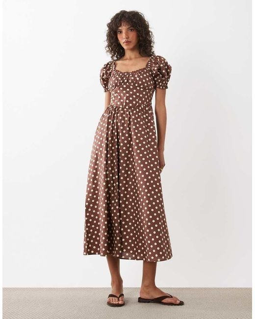 New Look Brown Polka Dot Milkmaid Midi Dress