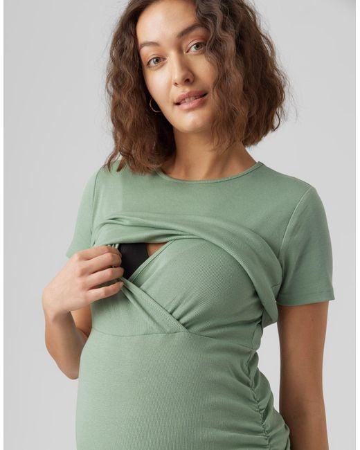 Mama.licious Mamalicious Maternity 2 Function Nursing Short Sleeved Ruched  Side Midi Dress in Green