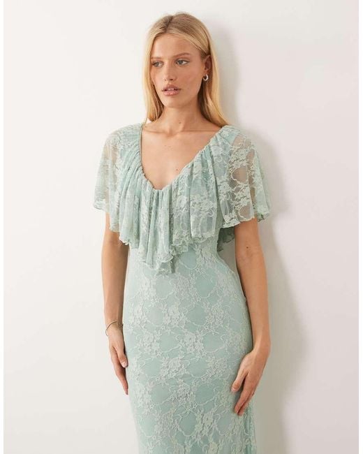 ASOS Green Ruffle Detail V Neck Lace Maxi Dress