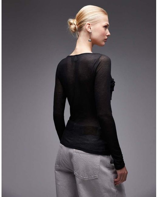 ASOS Gray Knit-Look Semi Sheer Long Sleeve Top With Ruched Bust Overlay