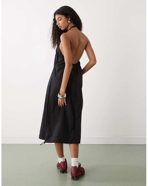 Collusion White Nylon Ruched Volume Halter Midi Dress