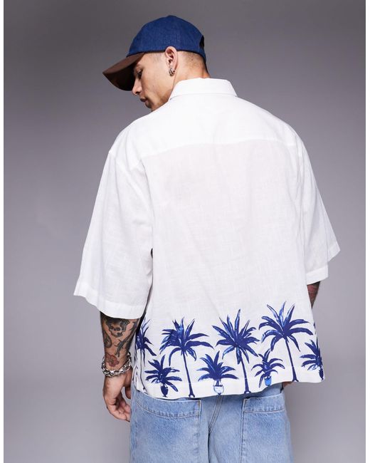 ASOS White Boxy Oversized Linen Look Shirt With Palm Tree Print for men