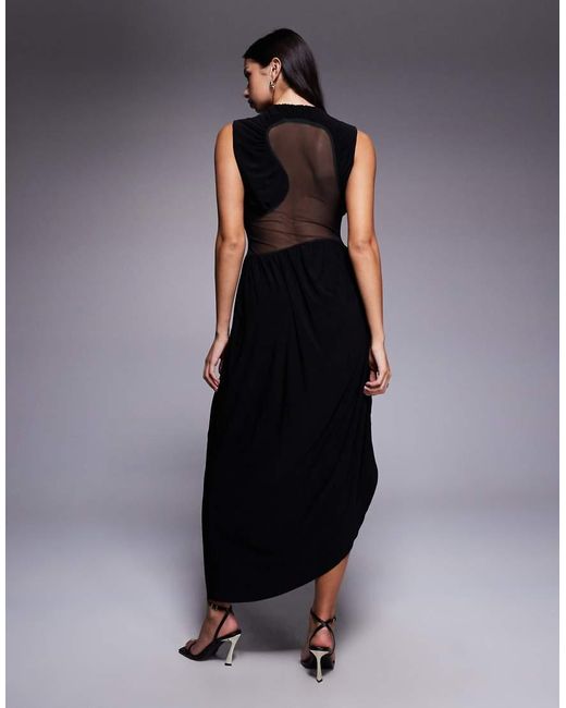 ASOS Black Midi Dress With Cowled Skirt And Mesh Cut Out Detailing