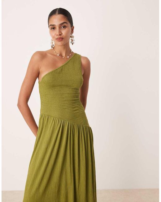 ASOS Green Crinkle Shirred Bodice One Shoulder Asym Dropped Waist Midi Dress