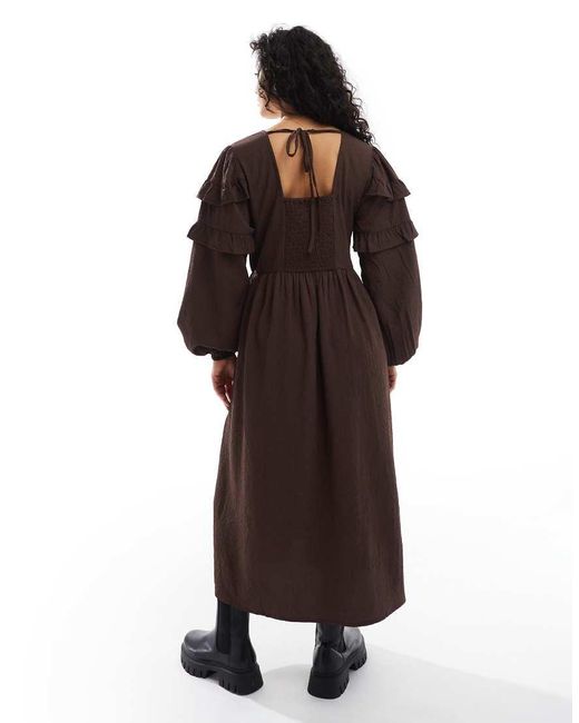 Wednesday's Girl Brown Ruffle Sleeve Midi Smock Dress