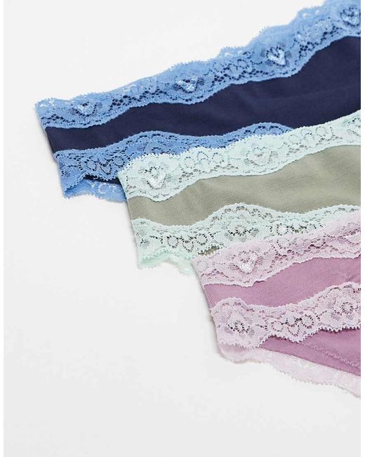 ASOS Blue 3 Pack Cotton & Lace Brazilian Brief With Contrast Trim