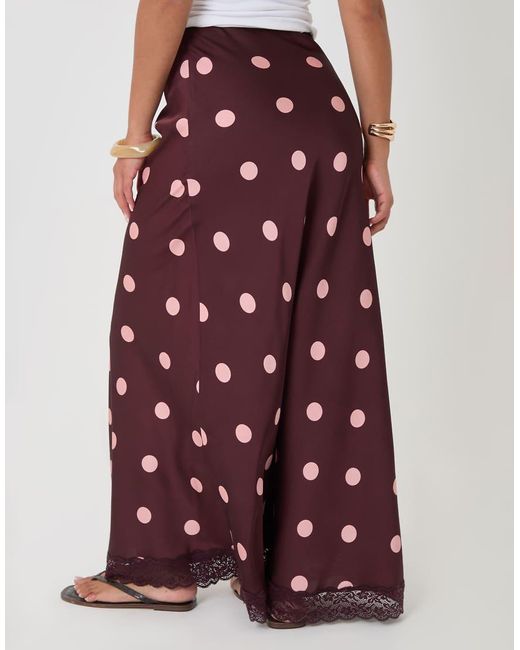 Threadbare Red Petite Polka Dot Satin Lace Trim Maxi Skirt