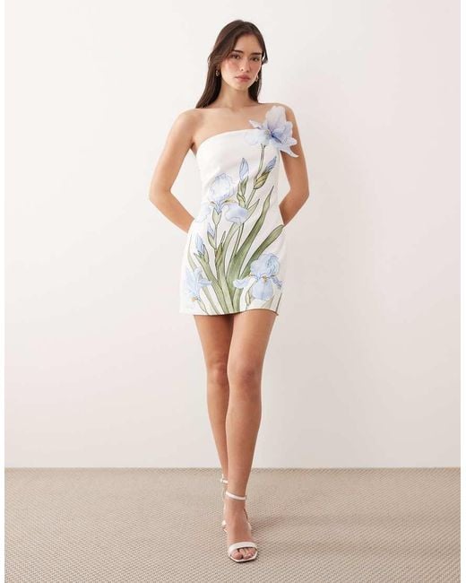 JW PEI Natural Bandeau 3d Floral Printed Applique Tailored Mini Dress
