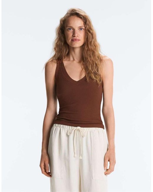 Oysho Brown Rib Modal Blend Tank Top