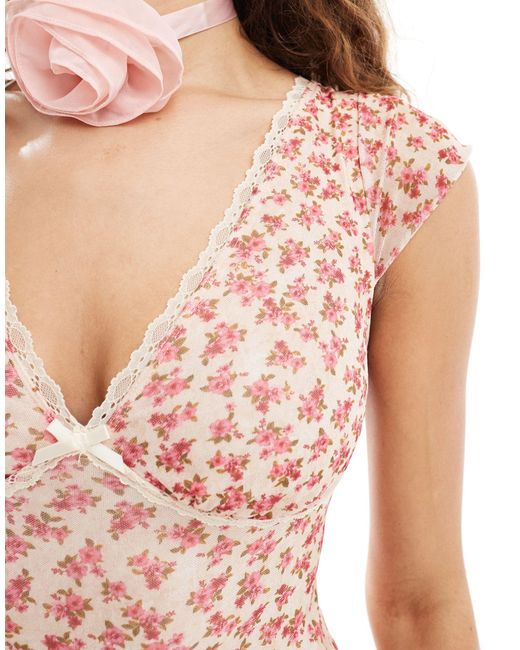 Motel Pink Gardenia Print V-neck Mini Dress