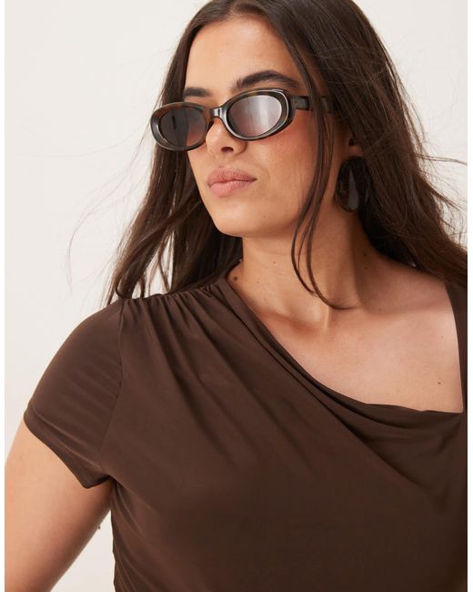 ASOS Brown Asos Design Curve Slinky Short Sleeve Bodysuit With Asymmetric Neckline And Draping