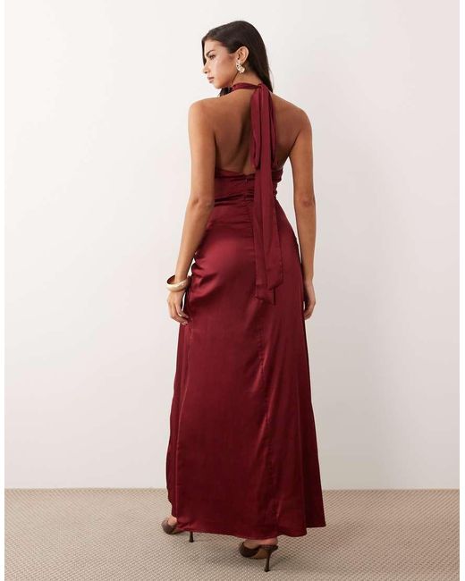 TFNC London Red Bridesmaid Satin Halter Neck Pleat Detail Maxi Dress