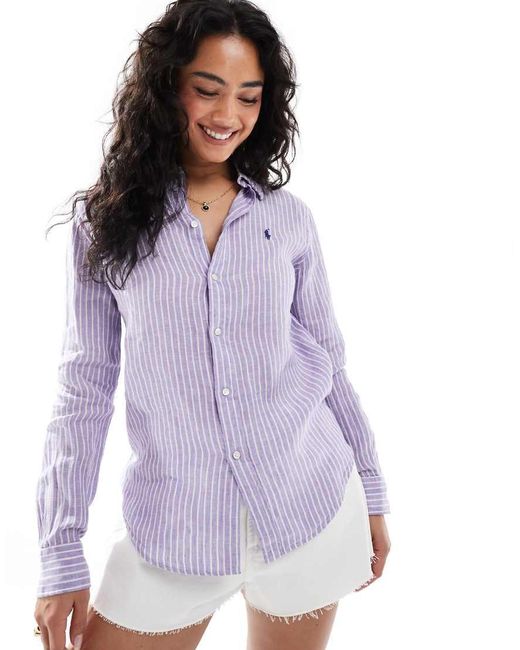 Polo Ralph Lauren Purple Linen Striped Shirt With Logo