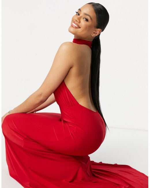 Club L London Backless Halterneck Fishtail Maxi Dress in Red