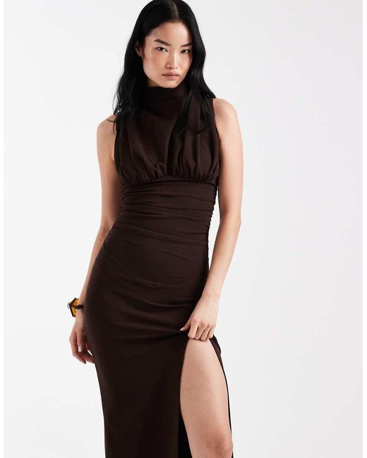 ASOS White Ruched Bodice Maxi Dress With Grown On Neck