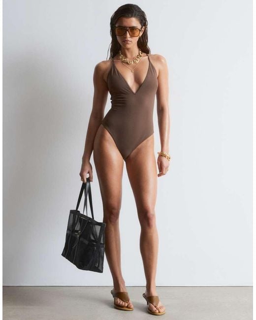 & Other Stories Brown Plunge Swimsuit With Cross Back