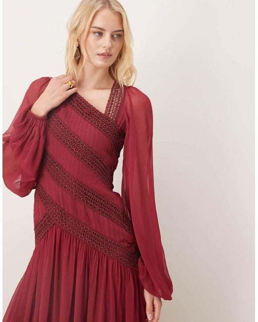 ASOS Red Asos Design Tall Long Sleeved Asymmetric Neckline Maxi Dress With Lace Trim