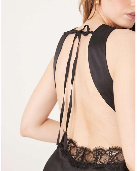 OMNES Black Aurelia Lace Trim Satin Maxi Dress
