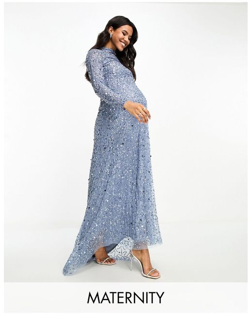 Beauut Blue Maternity Bridesmaid Allover Embellished Modest Maxi