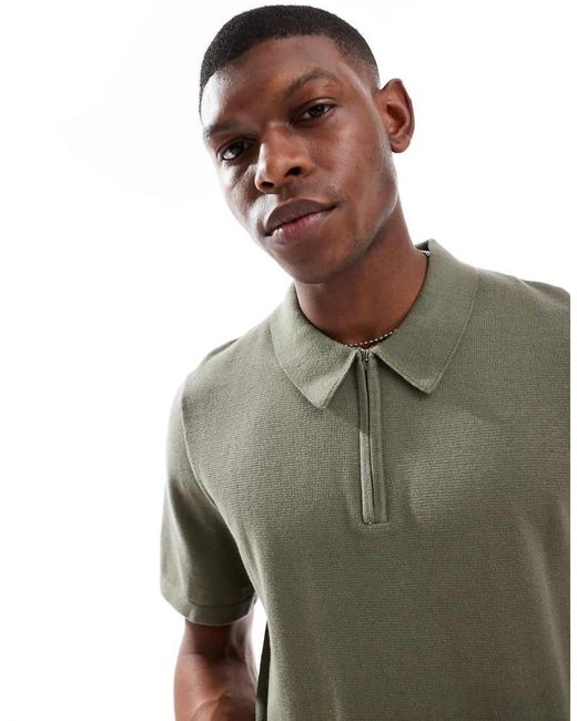 Jack & Jones Green Knit Polo With Zip for men
