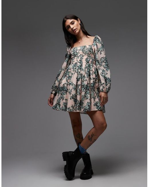 & Other Stories Gray Square Neck Mini Dress With Shirred Bodice And Peep Cut-out Back