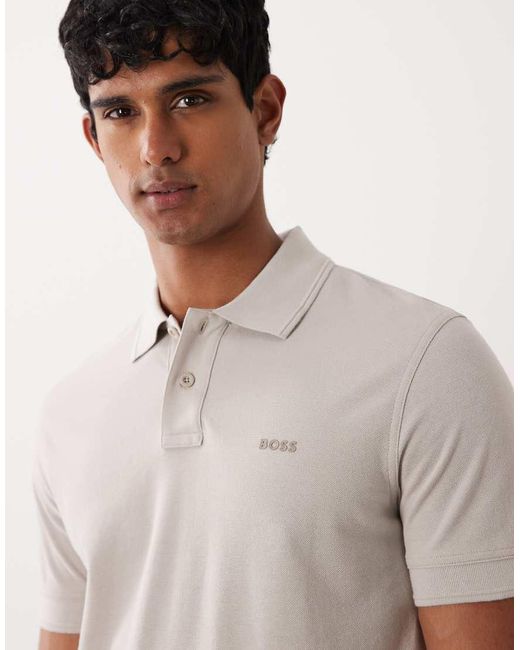 Boss Gray Prime Tonal Logo Cotton Pique Polo Shirt for men