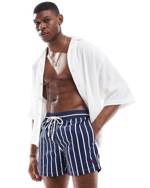 Polo Ralph Lauren Blue Traveler Icon Logo Wide Stripe Slim Fit Mid Swim Shorts for men