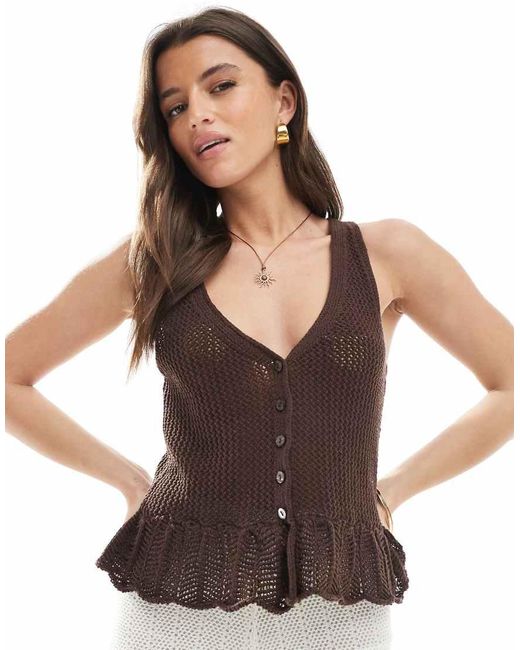 Stradivarius Brown Ruffle Hem Knit Vest Top