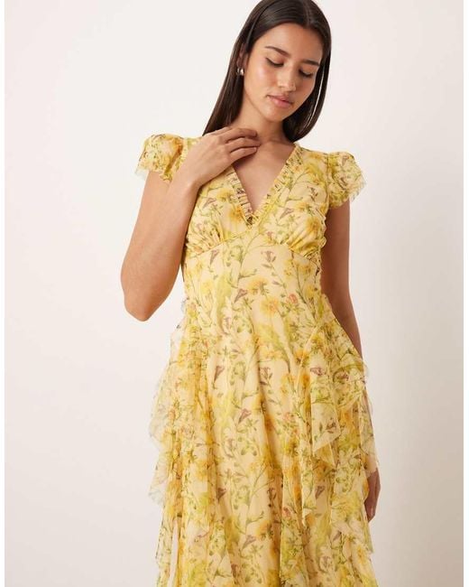 LACE & BEADS Natural Tulle V-neck Ruffle Frill Detailing Midaxi Dress